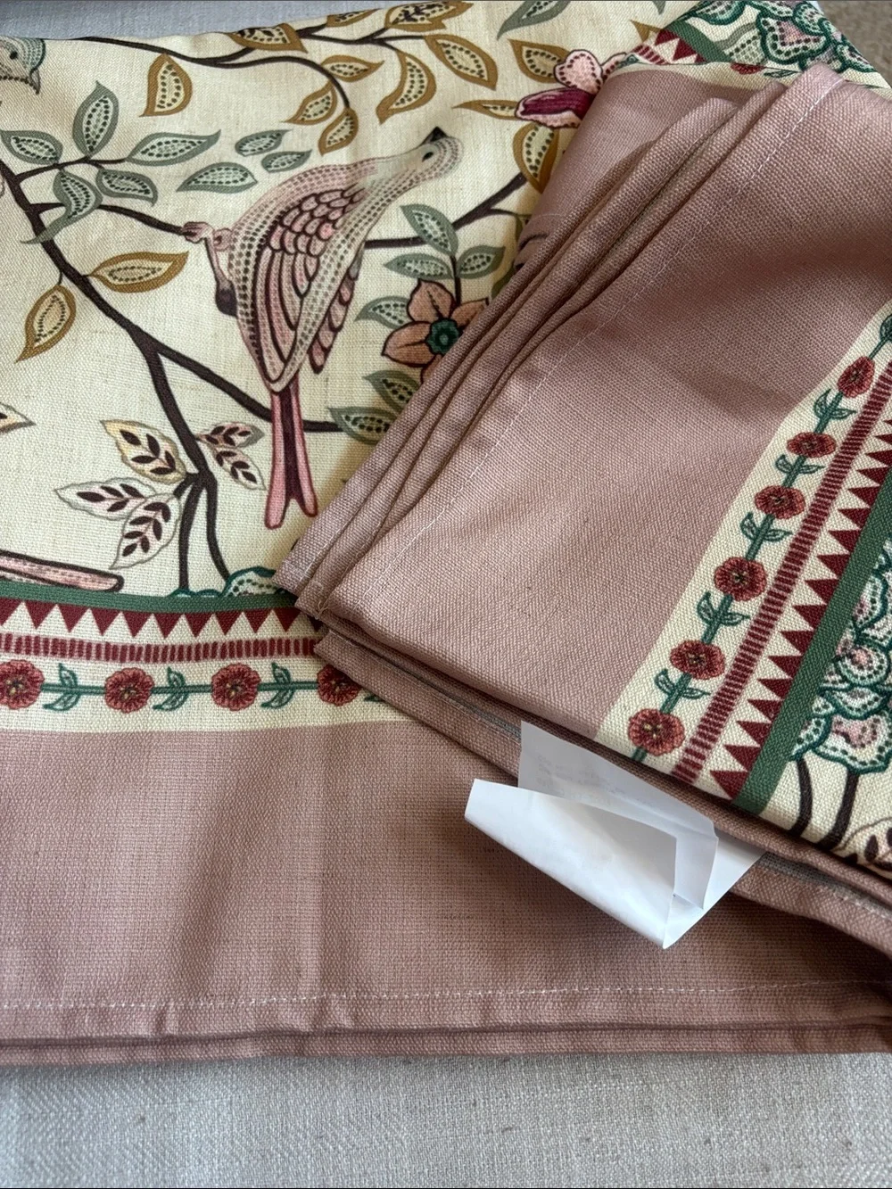 Patdrea Pink Floral Bird Linen Tablecloth French Vintage Rectangle 55x71 NWT
